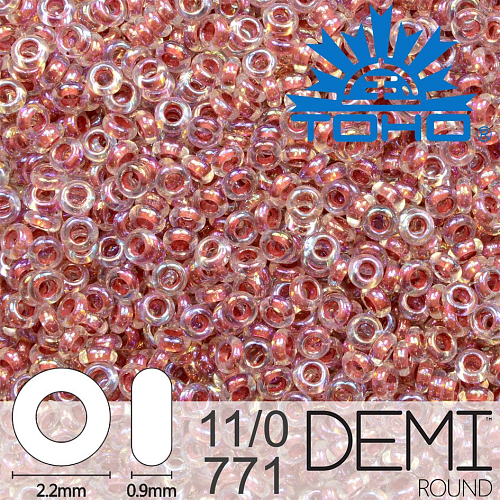 Korálky TOHO Demi Round 11/0. Barva 771  Inside-Color Rainbow Crystal/Strawberry-Lined. Balení 5g.