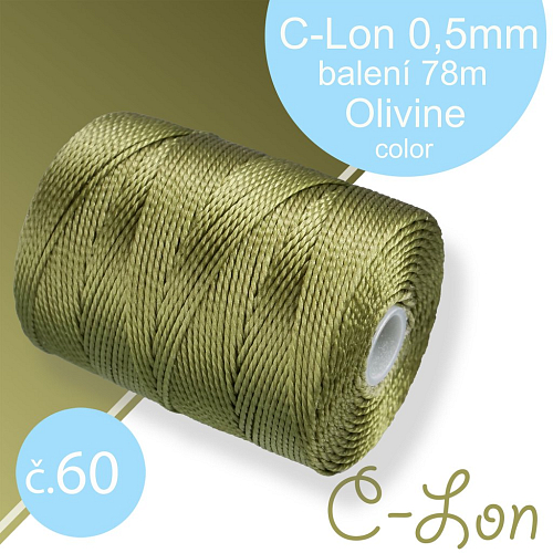 Nylonová nit C-Lon pevná korálková nit. Barva 60 Olivine. Síla nitě 0,5mm. Balení 78m na cívce.