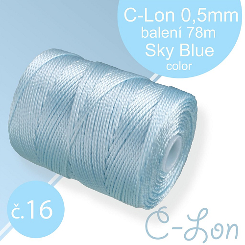 Nylonová nit C-Lon pevná korálková nit. Barva 16 Sky Blue. Síla nitě 0,5mm. Balení 78m na cívce.