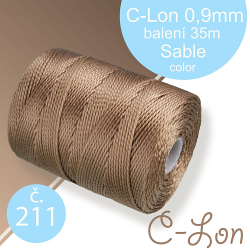 Nylonová nit C-Lon pevná korálková nit. Barva 211 Sable. Síla nitě 0,9mm. Balení 35m na cívce.