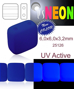 Korálky čtverec 2 otvory NEON (UV Active) velikost 6,0x6,0mm barva 25126 MODRÁ TMAVÁ. Balení 20Ks. 