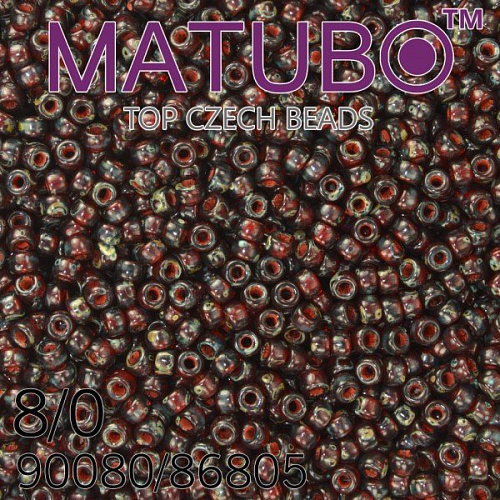 Korálky MATUBO™ mačkané rokajlové korálky. Velikost 8/0 (3,1mm). Barva 90080/86805 RUBÍN dekor TRAVERTIN SILNÝ. Balení 10g