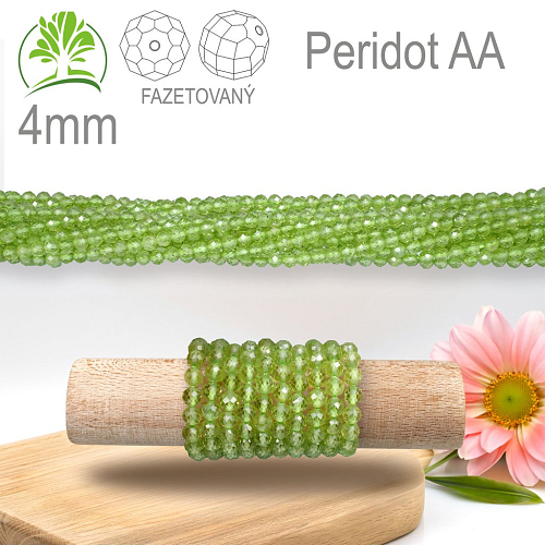 Korálky z minerálů Peridot AA Fazetovaný přírodní polodrahokam. Velikost pr.4mm. Balení 95Ks.