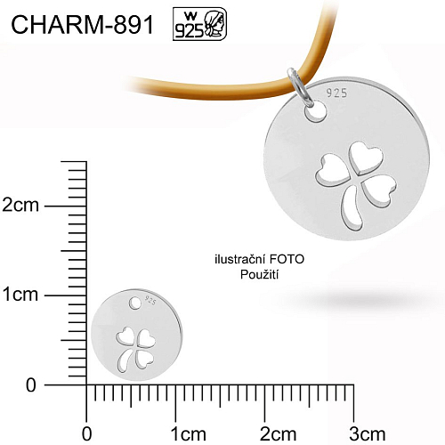 příivěsek KOLEČKO s trojlístkem  CHARM 891. Velikost pr.10mm tl.0,35mm. Materiál Ag925. Váha 0,22g.