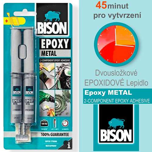 Lepidlo BISON Epoxy METAL Vysoce odolné extrémním podmínkám (kovové barvy). Balení 24ml. Vytvrzení 45min.