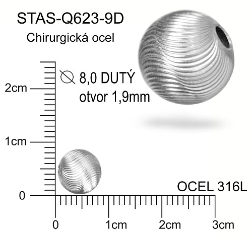 Korálek VROUBKOVANÝ chirurgická ocel ozn.-STAS-Q623-9D Velikost pr.8,0mm otvor 1,9mm. 