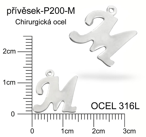 Přívěsek  písmeno M CHIRURGICKÁ OCEL ozn.-P200-M  velikost 14x10mm.