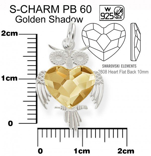 Přívěsek tvar SOVA+Swarovski 2808 10mm Crystal (001) Golden Shadow (GSHA) ozn.PB 60. Materiál Ag925. Váha Ag 0,78g