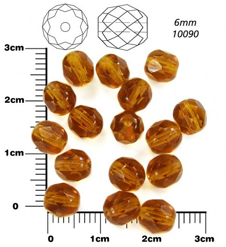 Korálky BROUŠENÉ 6mm. Barva 10090, Průhledná hnědá. Balení 50Ks.