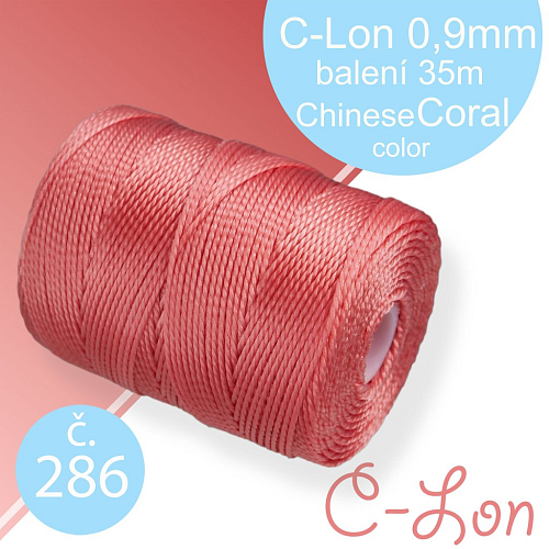 Nylonová nit C-Lon pevná korálková nit. Barva 286 Chinese-Coral. Síla nitě 0,9mm. Balení 35m na cívce.