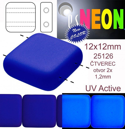 Korálky čtverec 2 otvory NEON (UV Active) velikost 12x12mm barva 25126 modrá tmavá. Balení 7Ks. 