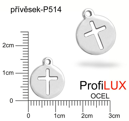Přívěsek Chirurgická Ocel ozn-P514 medailon s výřezem KŘÍŽE velikost pr.12mm tl.1.2mm. Řada přívěsků ProfiLUX. 