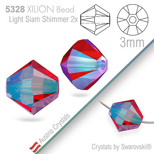 SWAROVSKI  XILION Bead  5328 barva Light Siam Shimmer 2x velikost 3mm. Balení 25Ks