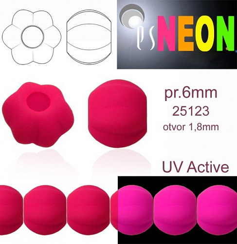 Korálky NEON (UV Active) MELOUN  velikost pr.6mm barva 25123 RŮŽOVÁ. Balení  21Ks. 