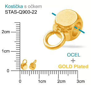 Kostička s OČKEM  mat.OCEL ozn.-STAS-Q900-22. Velikost celková 6x3mm otvor v korálku 1,8mm. Barva POZLACENO.