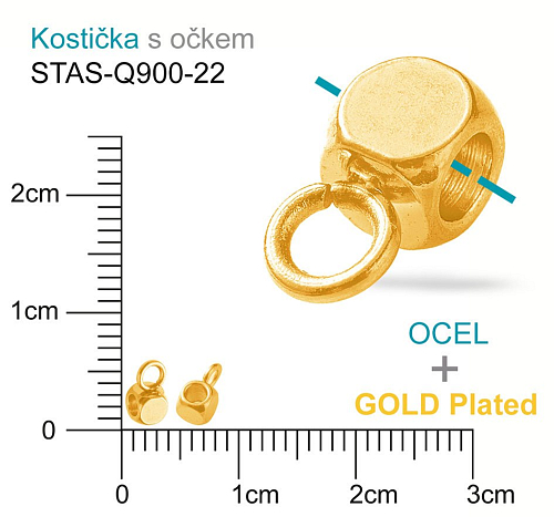 Kostička s OČKEM  mat.OCEL ozn.-STAS-Q900-22. Velikost celková 6x3mm otvor v korálku 1,8mm. Barva POZLACENO.