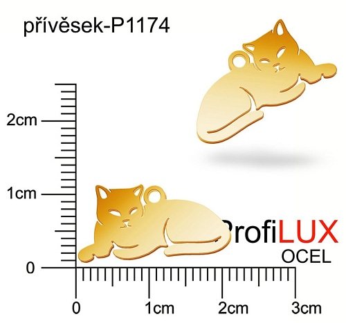 Přívěsek Chirurgická Ocel ozn-P1174 ležící KOČKA velikost 9x19mm tl.1.0mm. Velikost otvoru pr. 1,5mm. Barva POZLACENO. Řada přívěsků ProfiLUX.