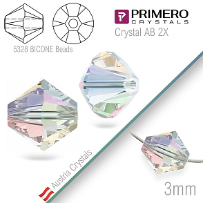Korálky PRIMERO Crystals . Tvar 5328 Bicone BEADS. Barva Crystal AB 2x Velikost 3mm balení-25Ks.