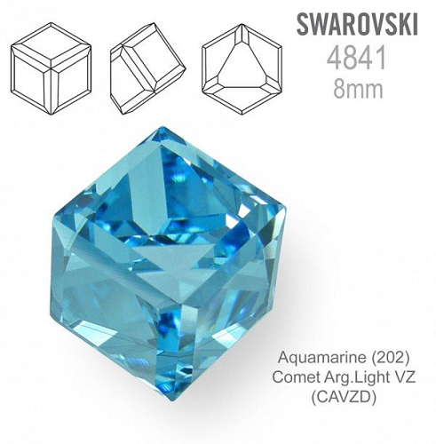 SWAROVSKI ELEMENTS 4841 Angled Cube (zkosená kostka) barva AQUAMARINE (202) Comet Arg. Light VZ (CAVZ) velikost 8mm.