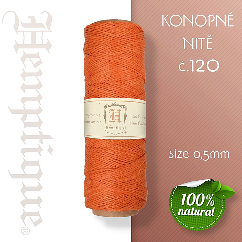 Konopná nit HEMP CORD síla nitě 0,5mm. METRÁŽ Barva č.120 Oranžová