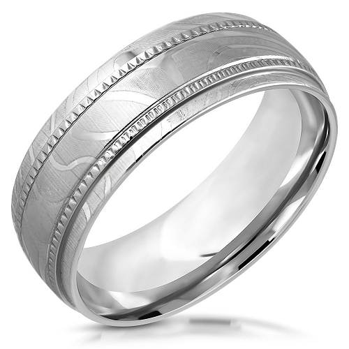 Ocelový prsten RRR 563 s jemným vzorkem po obvodu prstenu o velikosti 8