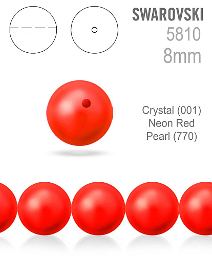 Swarovski 5810 Voskované Perle barva 770 Crystal (001) Neon Red Pearl velikost 8mm. Balení 5Ks. 