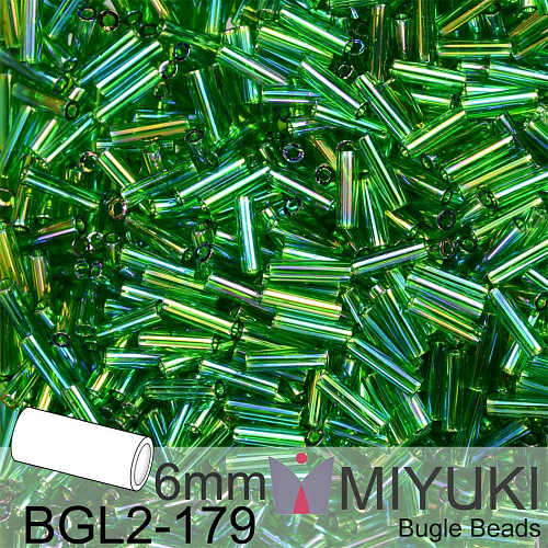 Korálky Miyuki Bugle Bead 6mm. Barva BGL2-179 Transparent Green AB. Balení 10g.