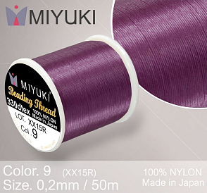 Nylonová nit značky MIYUKI. Barva č. 9 Purple. Materiál 330DTEX (0,2mm). Balení 50m.