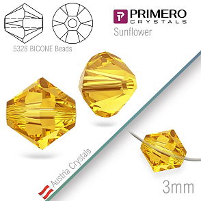 Korálky PRIMERO Crystals . Tvar 5328 Bicone BEADS. Barva Sunflower  Velikost 3mm balení-25Ks.