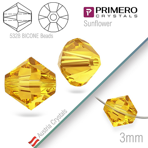 Korálky PRIMERO Crystals . Tvar 5328 Bicone BEADS. Barva Sunflower  Velikost 3mm balení-25Ks.