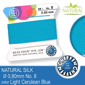 Hedvábná nit s jehlou GRIFFIN síla nitě 0,8mm No.8 délka 2m. Barva Light Cerulean Blue.