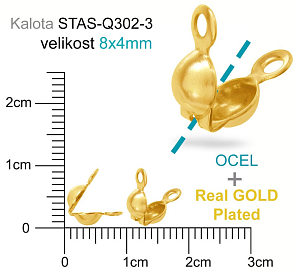 Kalota OCEL ozn.-STAS-Q302-3. velikost 8,0x4mm. Barva Real GOLD Plated.