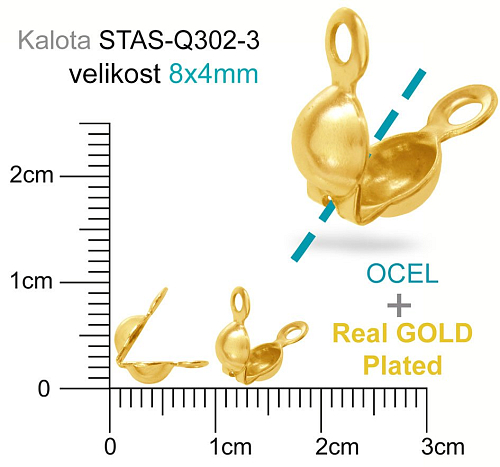 Kalota OCEL ozn.-STAS-Q302-3. velikost 8,0x4mm. Barva Real GOLD Plated.