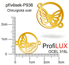 Přívěsek Chirurgická Ocel ozn-P936 MOTÝL 2x očko velikost  15x19mm. Řada přívěsků ProfiLUX. Barva POZLACENO