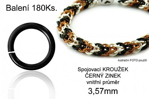 Spojovací KROUŽEK balení. Průměr vnitřní 3,57mm. Tl.0,8mm. Balení 180ks. Barva ČERNÝ ZINEK. 