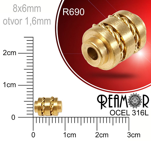 Korálek tvarovaný Váleček s řetízkem Reamor CHIRURGICKÁ OCEL ozn.-R690. Velikost 8x5,5mm otvor 1,6mm. Barva GOLD.