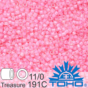 Korálky TOHO tvar TREASURE (válcové). Velikost 11/0. Barva č. 191C-Inside-Color Crystal/Hot Pink Lined . Balení 5g.