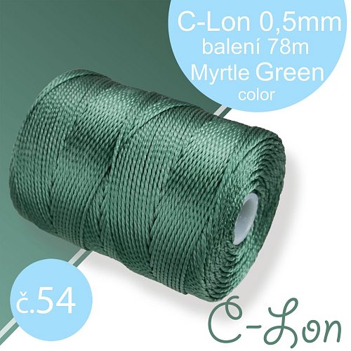 Nylonová nit C-Lon pevná korálková nit. Barva 54 Myrtle Green. Síla nitě 0,5mm. Balení 78m na cívce.