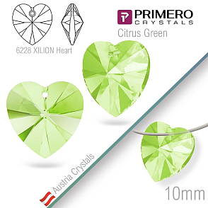 Korálky PRIMERO Crystals. Tvar 6228 XILION Heart. Barva Citrus Green. Velikost 10mm