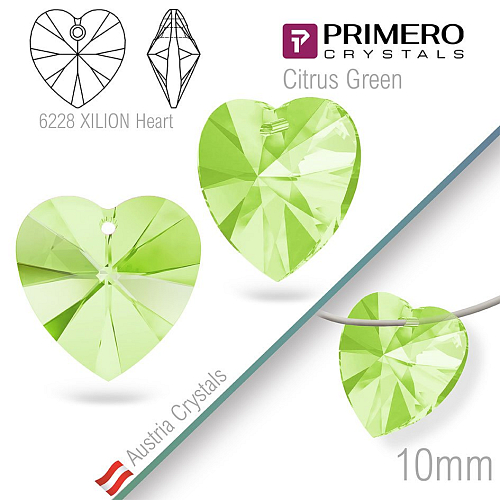 Korálky PRIMERO Crystals. Tvar 6228 XILION Heart. Barva Citrus Green. Velikost 10mm