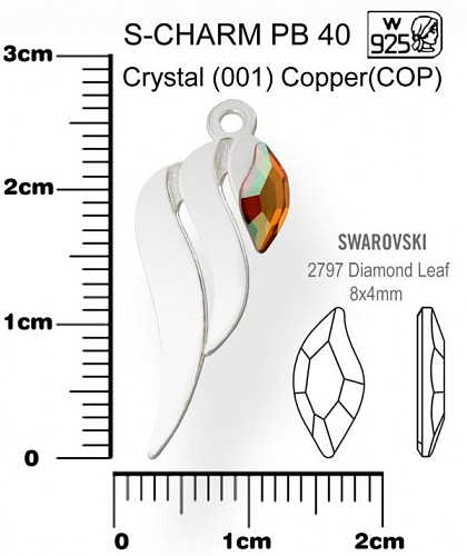 Přívěsek tvar KŘÍDLO PB 40+Swarovski 2797 Crystal (001) Copper (COP). Materiál Ag925. Váha Ag 0,62g