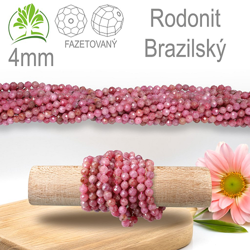 Korálky z minerálů Rodonit Brazilský Fazetovaný přírodní polodrahokam. Velikost pr.4mm. Balení 95Ks.