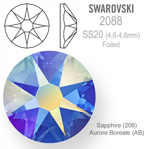 SWAROVSKI 2088 XIRIUS FOILED velikost SS20 barva Sapphire Aurore Boreale 