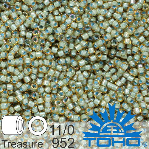 Korálky TOHO tvar TREASURE (válcové). Velikost 11/0. Barva č. 952-Inside-Color Rainbow Lt Topaz/Sea Foam Lined . Balení 5g.