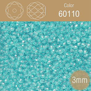 Korálky BROUŠENÉ 3mm. Barva 60110 průhledná tyrkysová. Balení 150Ks.