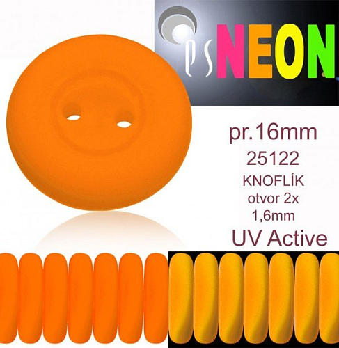 KNOFLÍK NEON (UV Active) velikost pr.16mm barva 25122 ORANŽOVÁ. 