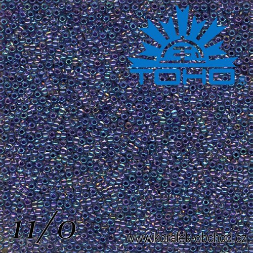 Korálky TOHO tvar ROUND (kulaté). Velikost 11/0. Barva č181-Inside-Color Rainbow Crystal/Tanzanite Lined . Balení 8g.