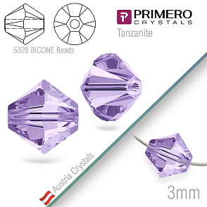 Korálky PRIMERO Crystals . Tvar 5328 Bicone BEADS. Barva Tanzanite. Velikost 3mm balení-25Ks.