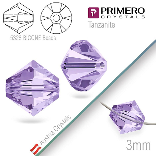 Korálky PRIMERO Crystals . Tvar 5328 Bicone BEADS. Barva Tanzanite. Velikost 3mm balení-25Ks.