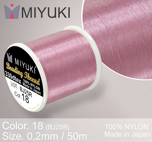 Nylonová nit značky MIYUKI. Barva č. 18 Rose. Materiál 330DTEX (0,2mm). Balení 50m.